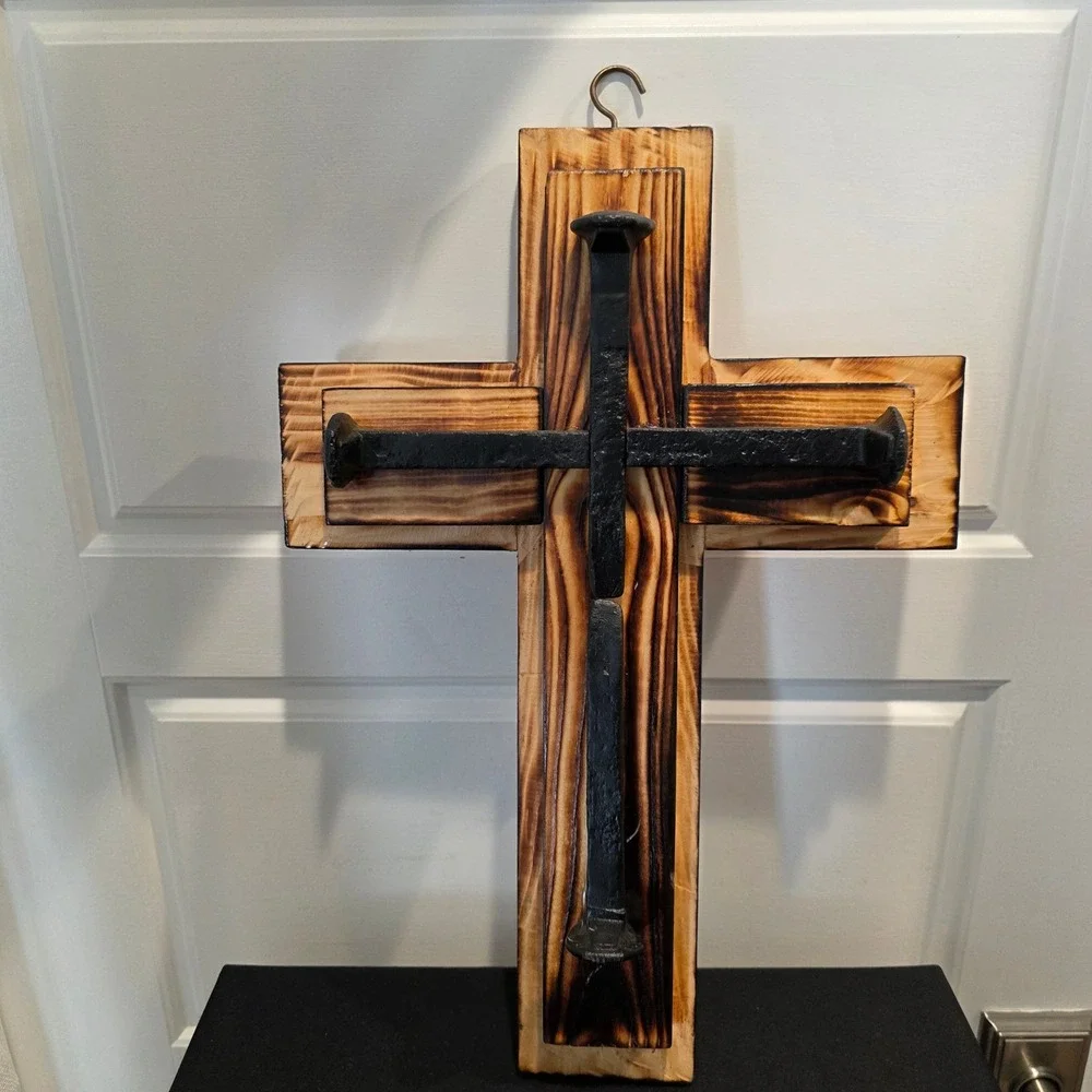Handcrafted Distressed Wood Cross, Black Metal Nail Spikes, Rustic Spiritual Art